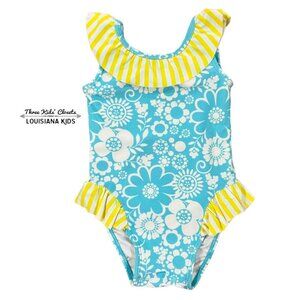 Hanna Andersson Sz 60 (3-6m) Blue & Yellow Ruffle Swim Bathing Suit